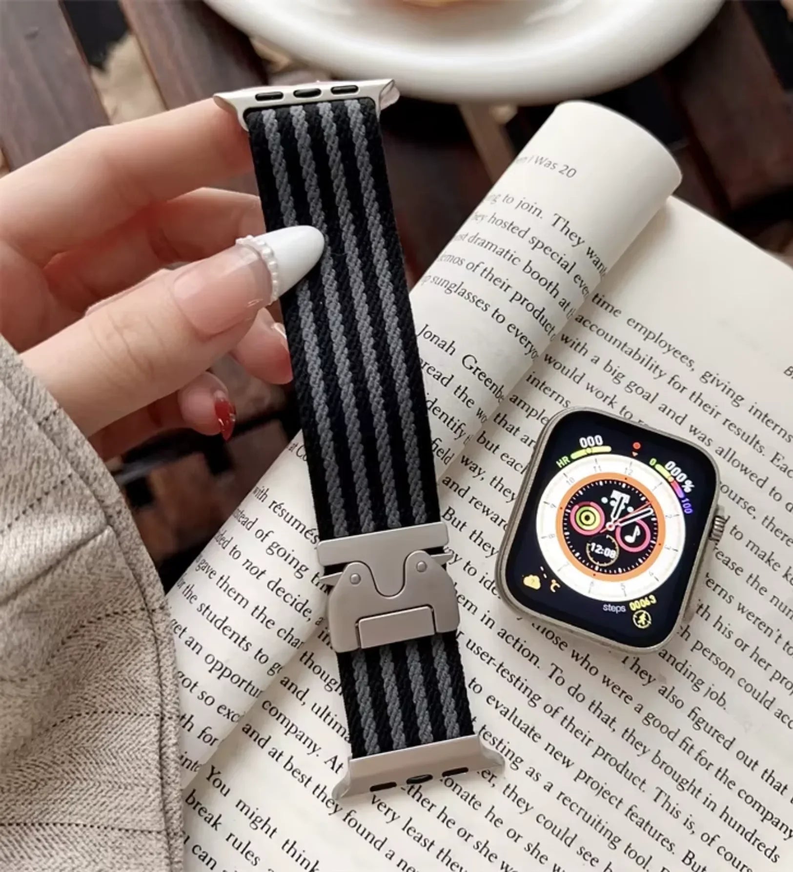 Parachute-Buckle Striped Nylon Apple Watch Band – Black